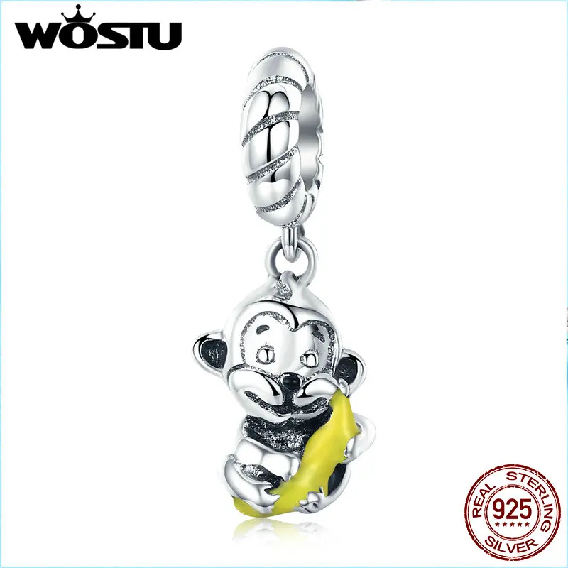 

WOSTU 100% 925 Sterling Silver Animal Collection Cute Monkey & Banana Love Charm fit Charm Bracelet Bangle DIY Jewelry FIC520