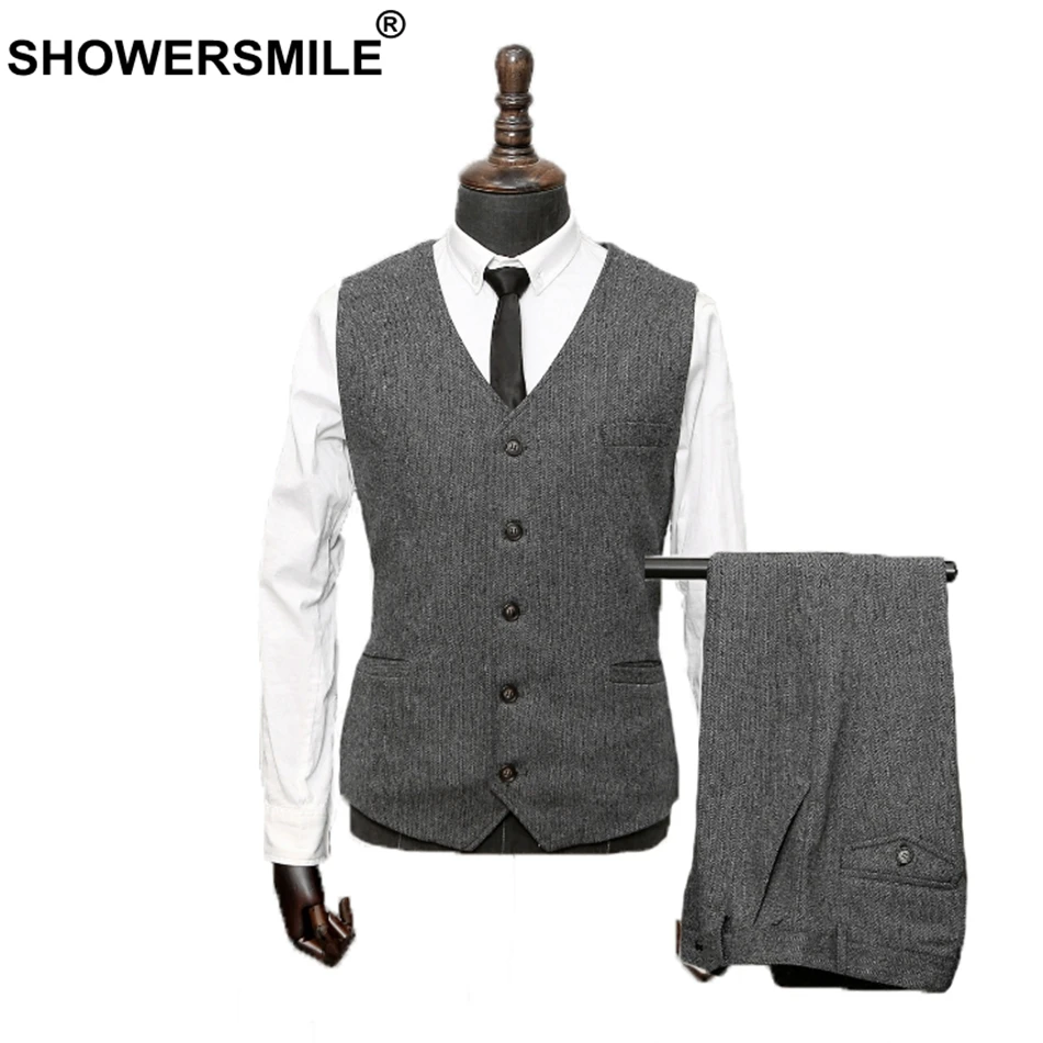 

SHOWERSMILE Suit Vests Men Solid Two Piece Set Grey Waistcoat Slim Business Trousers+Vest High Quality Autumn Winter Gilet Suit