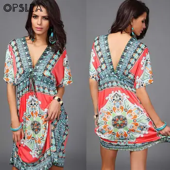 

Opslea African Ethnic Print Waist Knot Mini Dress Dashiki Africa Women Retro Clothes Summer V Neck Short Sleeves Milk Silk Dress