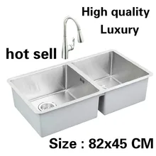 Квартиры Роскошные мыть овощи Кухня ручная раковина двойной паз большой 304 нержавеющая сталь 82x45 см