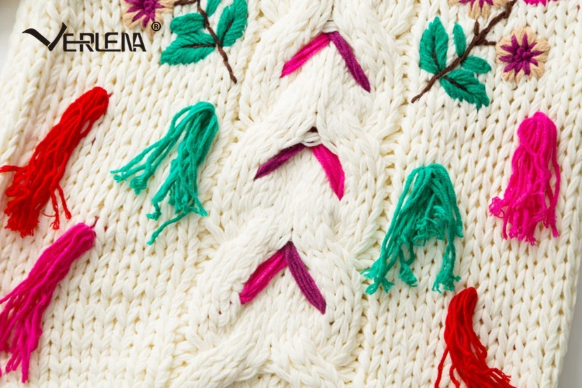 Verlena толстый теплый Удлиненный свитер женский Шикарный белый объемный рукав вышивка пуловеры в цветочек водолазка шерстяные свитера