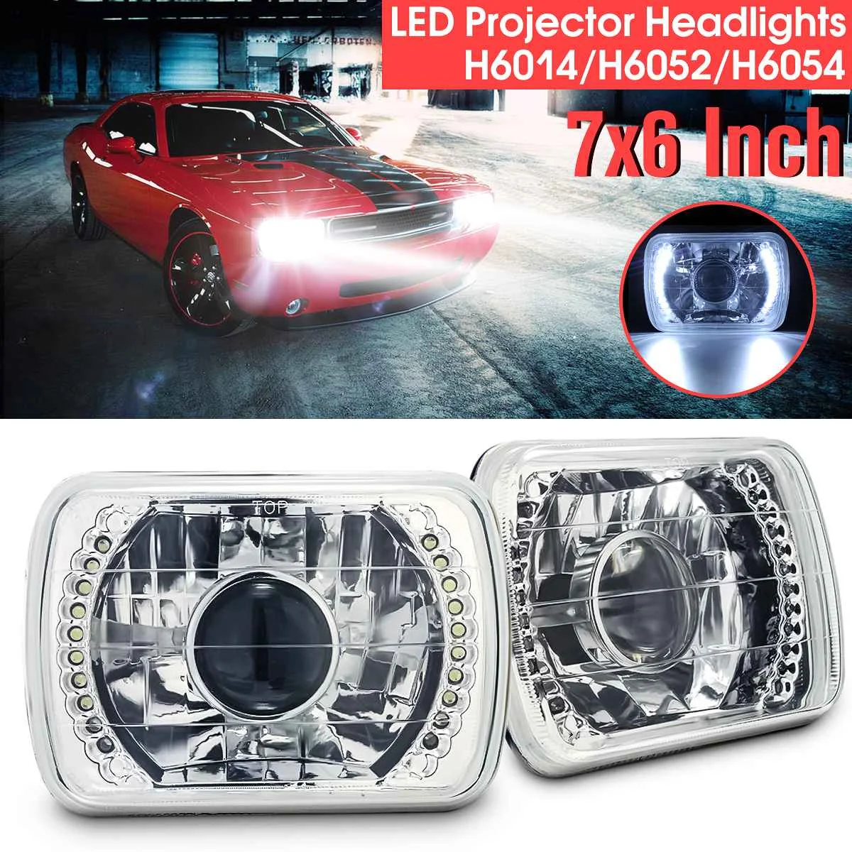 7/" X 6/"  CHROME GLASS HEAD LIGHTS WHITE  LED HEADLIGHTS H4 H6014 H6052 H6054