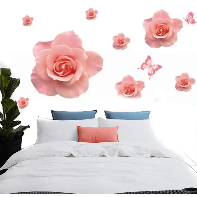 2018 Newest DIY Removable Vinyl 3D Pink Rose Butterfly Flower Wall Stickers Decal Art Home Decor