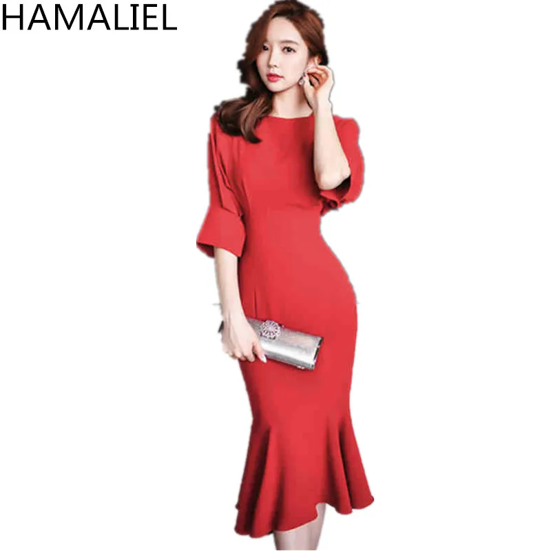 HAMALIEL Новая мода Для женщин Bodycon платье с русалочкой Демисезонный красного цвета со средним рукавом и оборками вечерние платье женские офисные Vestidos - Цвет: Красный