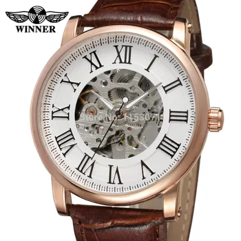 

NEWEST! WINNER WRG8051M3R6 fashion design rose gold color case silver dial with black color roman numbers brown leather