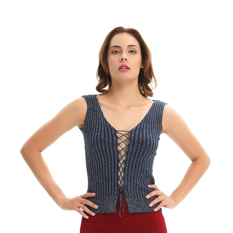 

Women Summer 2019 Camisole Tank Tops Sexy Lace Up V Neck Hollow Out Female Knitted Lurex Tops Casual Crop Top Bodycon Vest