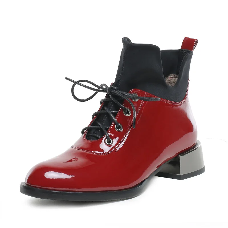 ISNOM/ботинки на толстом каблуке женские ботильоны из лакированной кожи обувь с круглым носком Женская нейтральная обувь женская обувь на шнуровке зима - Цвет: Red wine
