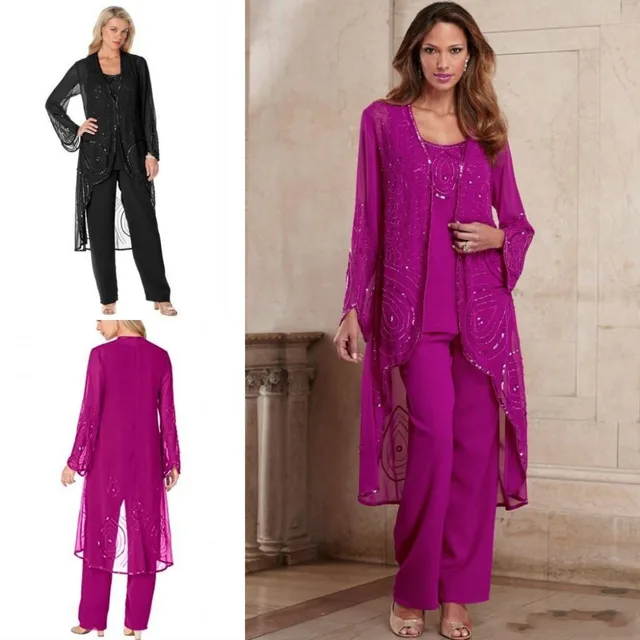 fuchsia mother of bride pant suit 3 pieces chiffon formal mothers pant suit plus size special occasion