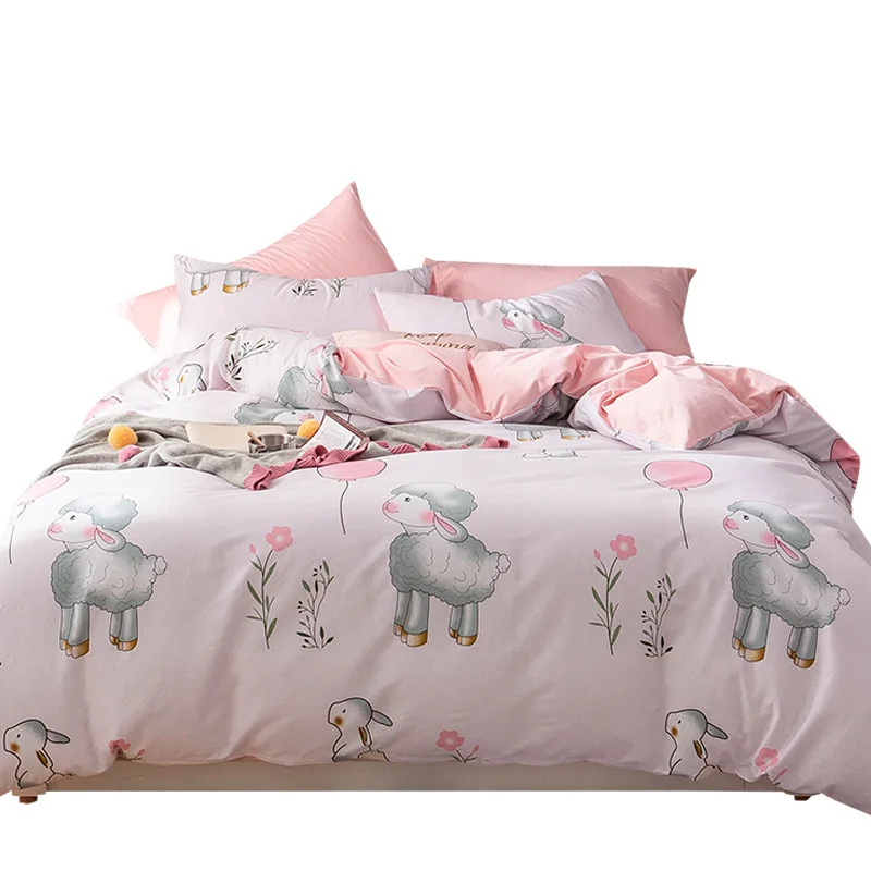 bedding set cotton cartoon sheep duvet cover set 4pcs white pink sheet