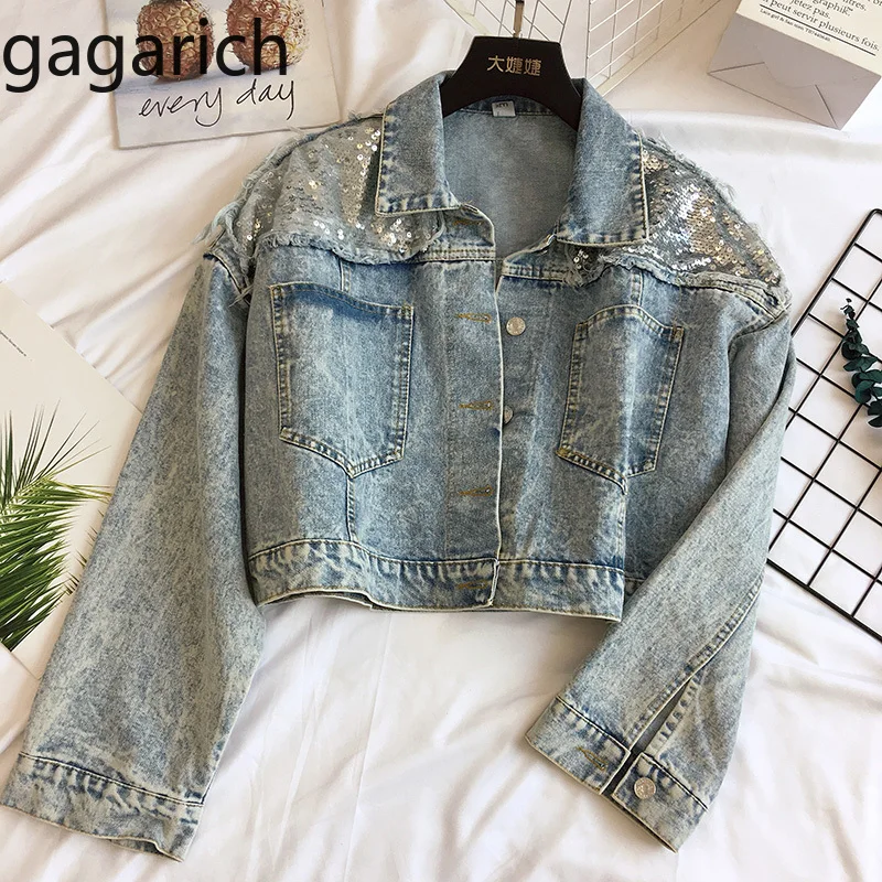 

Gagarich Jacket Women New Korean Version Fashion Casual Single Breasted Sequins Skinny Short Denim Jean Jacket