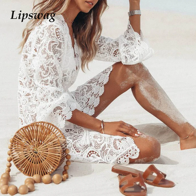 

Lipswag Floral Lace Sexy V-Neck Hollow Out Crochet Dress Women 2019 Summer Long Sleeve Mini Dresses Female Tunic Beach Sundress