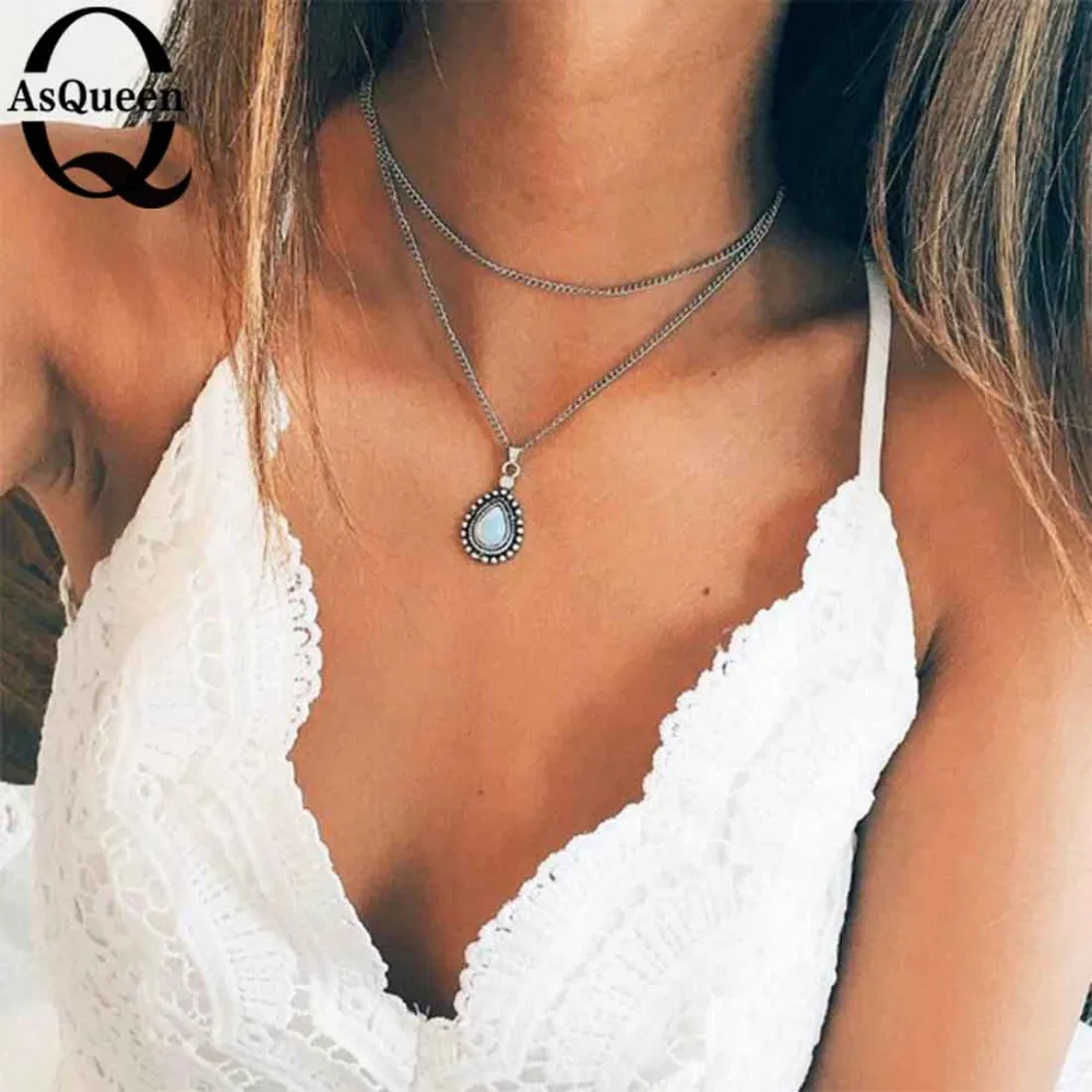 

Bohemian Water Drop Crystal Charm Chokers Necklaces for Women Silver Alloy Chain Chokers Collar Statement Jewelry