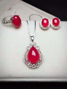

Natural ice red chalcedony jewelry pendant earrings set three piece free shipping
