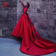 2017 Dubai Muslim Hijab Evening Dresses High Neck Long Sleeves A-Line Satin Beaded Sash Red Long Prom Dress Muslim Party Dress