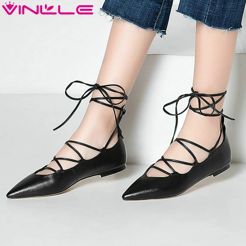 

VINLLE 2017 Women Pumps Elegant Summer Ladies Shoe Low Heel Genuine Leather Pointed Toe Lace Up Woman Solid Shoes Size 34-43