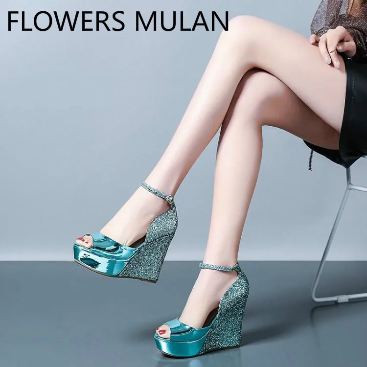 

Luxury Shimmering Sequined Leather Platform Sandals Sexy Fish Toe High Wedges Heels Shoes Woman Brand Designers Zapatos Mujer