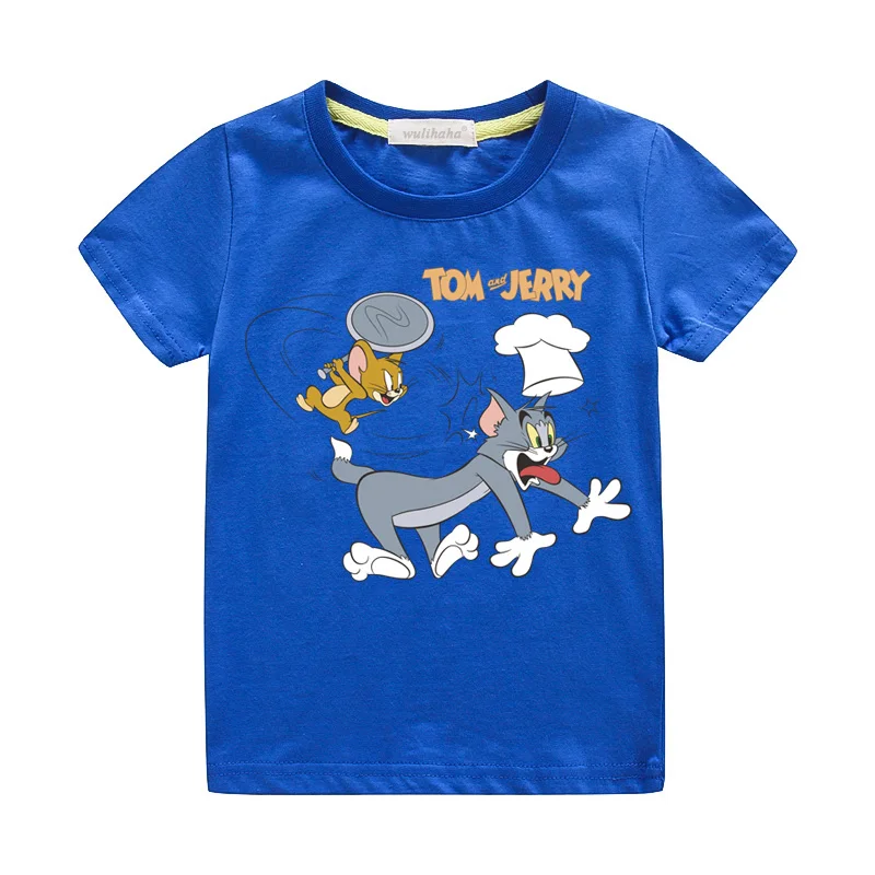 Детские футболки с принтом «Том и Джерри»; летние футболки для мальчиков; костюм; повседневные футболки для девочек; Верхняя одежда; Детские Забавные Рубашки с героями мультфильмов; ZA053 - Цвет: Blue T-shirts
