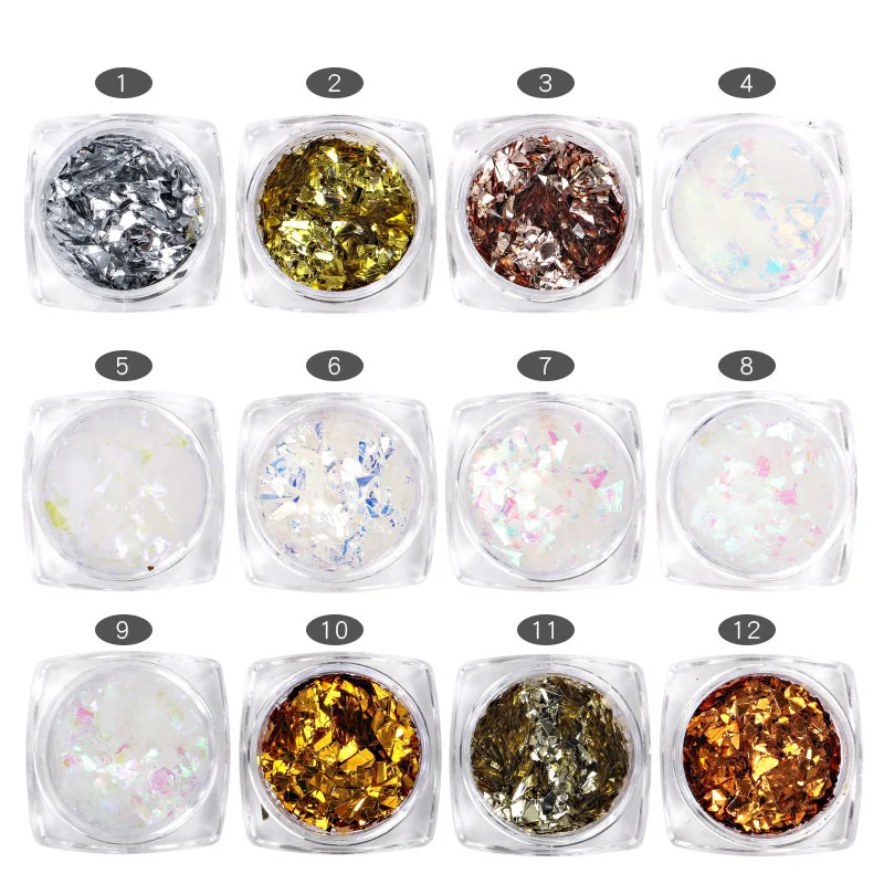 

12 boxes/set Nail Glitter Sequins Glass Paper Irregular Paillette Nail Art Tips Flakes Nail Art Decoration 3D For UV Gel