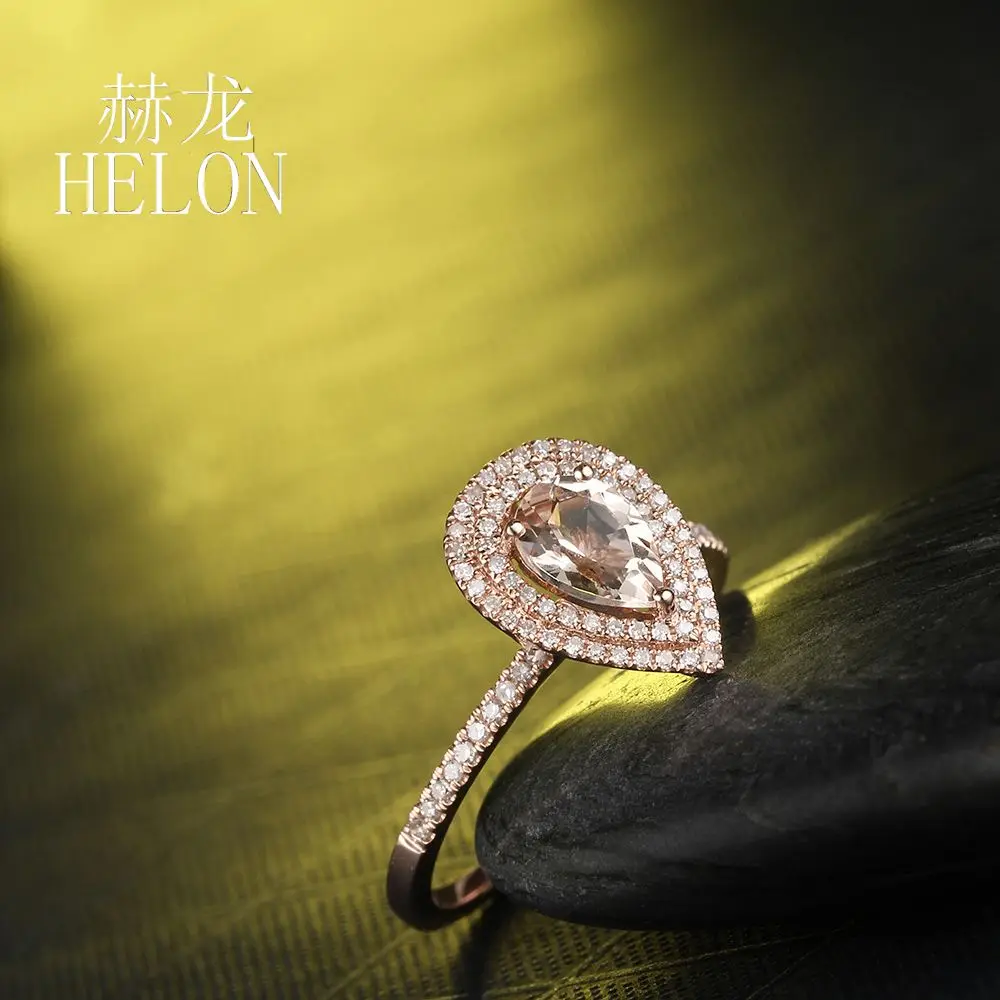 HELON Solid 14k Rose Gold Two Halos Natural Diamonds Engagement Wedding Ring 5x7mm Pear Morganite Ring Fine Jewelry Women HELON Solid 14k Rose Gold Two Halos Natural Diamonds Engagement Wedding Ring 5x7mm Pear Morganite Ring Fine Jewelry Women