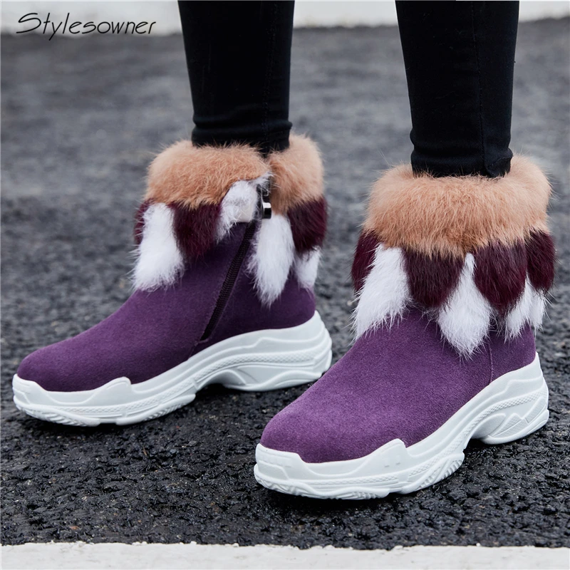

Stylesowner Hot Sale New Ankle Boots Round Toe Zip Rabbit Fur Platform Boots Suede Leather Winter Keep Warm Snow Boots Female