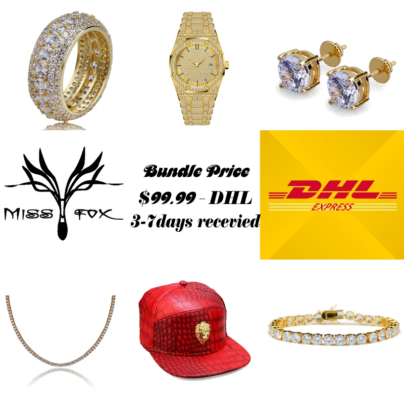 

8 Inches Bracelet & Round Ring & Men Watches & 30 inches Necklace & Crocodile Hat & Studding Earring Combo Set DHL Free Shipping
