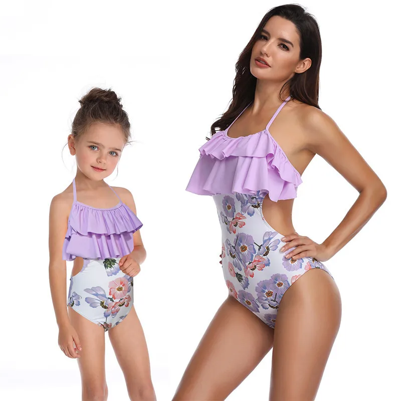 Mother Daughter matching Swimsuits Printing piece double lotus leaf Parent-Child Swimwear Family Matching Swimsuit Outfits - Color: 8