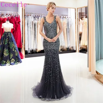 

2019 Fully Beading Grey long Mermaid Prom Dresses V Neck Sleeveless Sheer Back Women Evening Party Gowns