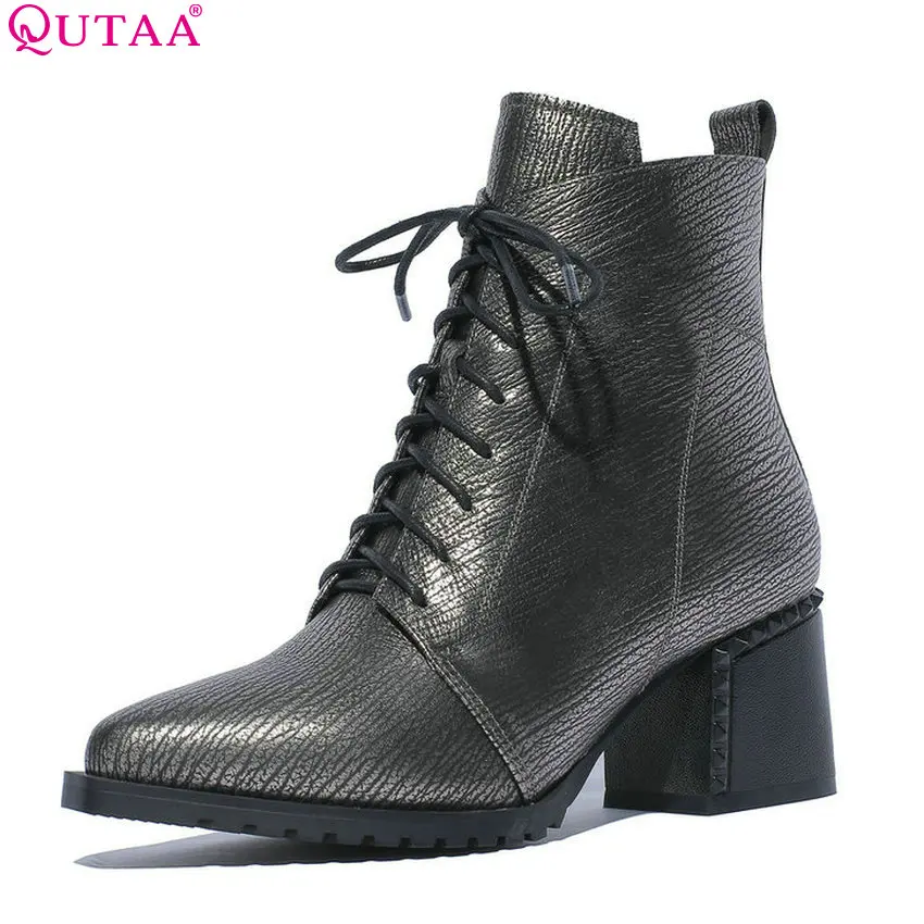 

QUTAA 2019 Genuine Leather +pu Fashion Women Shoes Ankle Boots Platform Lace Up Casual Women Motorcycle Boots Big Size 34-42