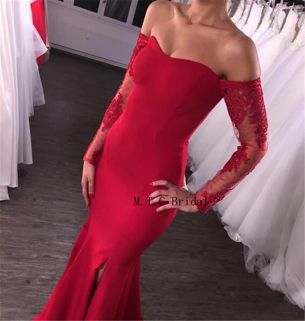 

Elegant Mermaid Long Sleeve Prom Dresses Off The Shoulder Boat Neck Side Split Appliques Elastic Satin Evening Gown Custom Made