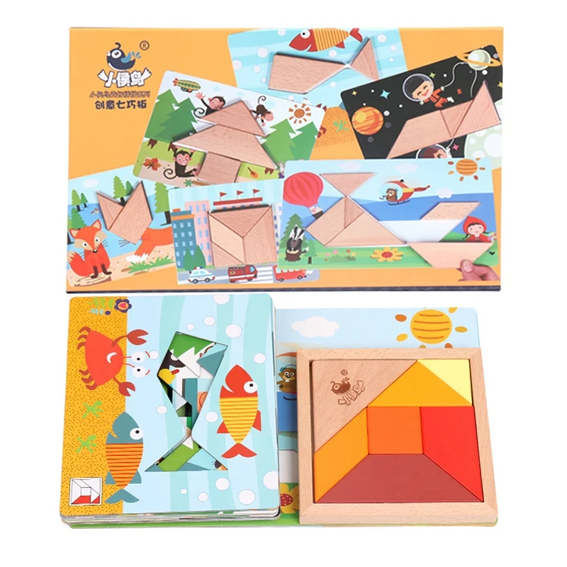 Xiaohouniao, детская деревянная головоломка, игра для раннего образования, игрушка, головоломка, интеллектуальный вариант, модуль, головоломка, игрушка, креативный Танграм B - Цвет: B