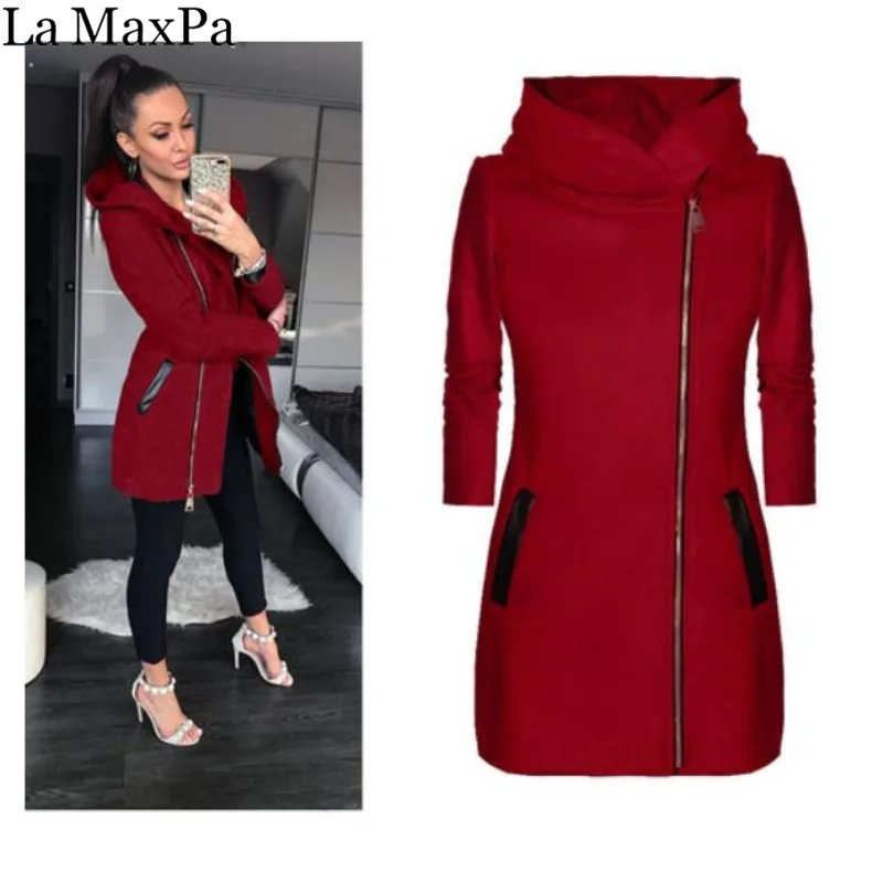 

La MaxPa Long Sleeve colorblock Coats For Women 2019 New Autumn Fashion Hooded Turtleneck 5XL Plus Size Zipper Pockets Jacket