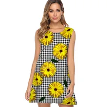 Vestido de gasa de verano para mujer 2019 vestido de fiesta de playa Vintage con estampado de Dalia amarillo Casual suelto Sexy Mini vestido vocacional de vacaciones