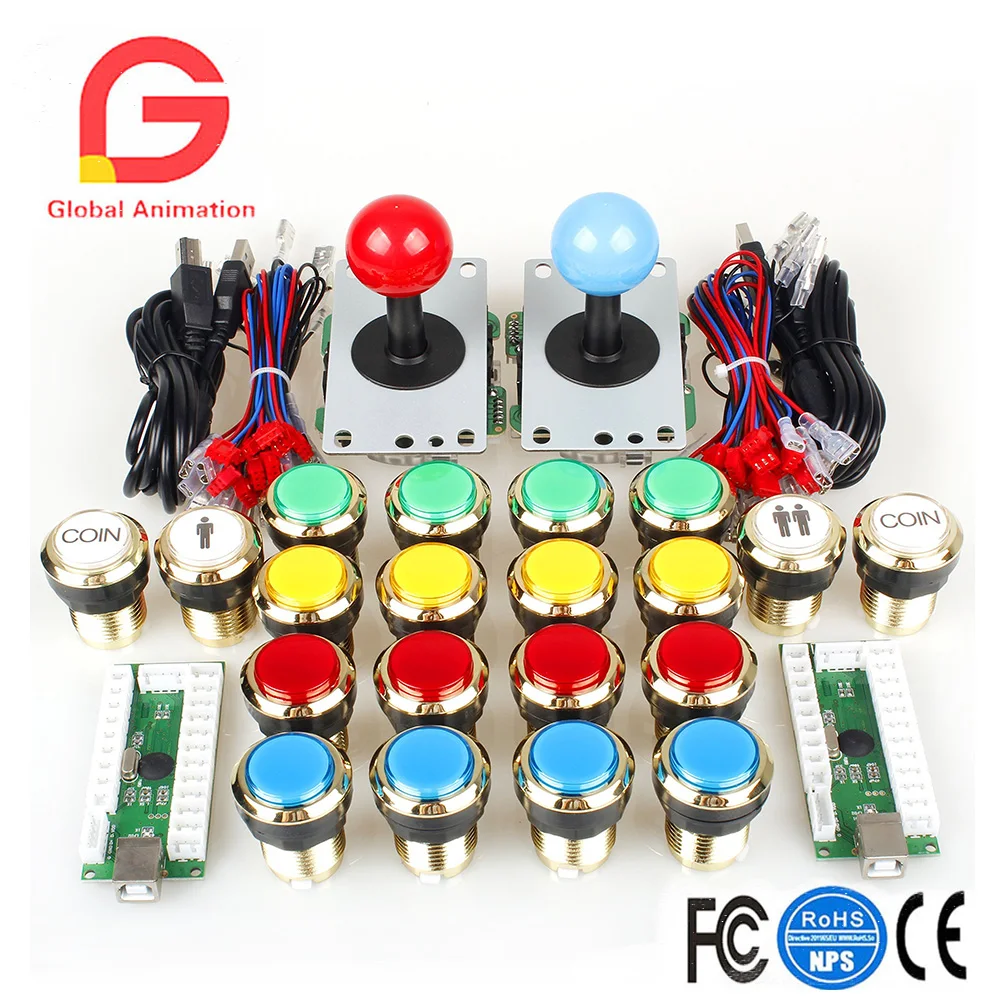 

2 Player Arcade DIY Kits Parts USB Encoder To PC Joystick + 5Pin Sticker + Gilded 1 & 2 Players Coin LED Lamp Lights Push Button