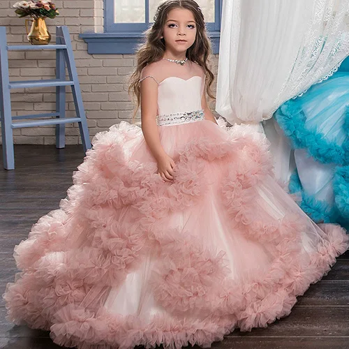 Aibaowedding Fancy Puffy Pink Pageant Dresses for Girls Long Kids Ball