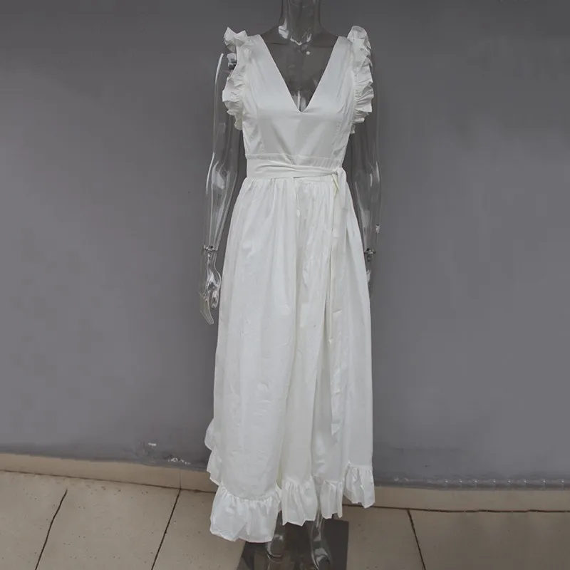 TWOTWINSTYLE элегантное пляжное платье для женщин с v-образным вырезом, без рукавов, с высокой талией, на шнуровке, с разрезом, белые макси платья для женщин, Весенняя мода - Цвет: white dress
