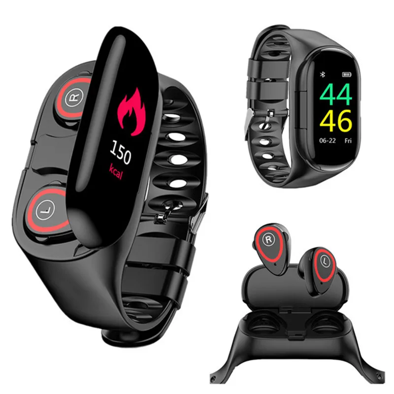 

Best Dual Bluetooth 4.2 Earphone Smart Bracelet Heart Rate Blood Pressure Tracker Smart Watch Men For IOS Android Phone