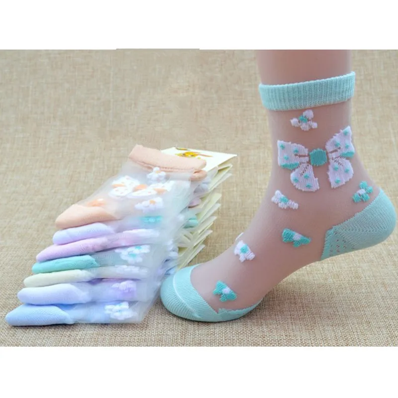 1/4 пар/лот, Летние красивые шелковые носки с бабочками и кристаллами для девочек Детские эластичные кружевные носки с цветочным узором для маленьких девочек
