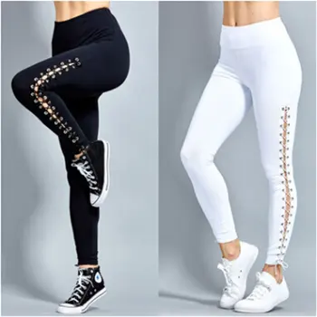 

Women Stretch Jeggings Ankle Length Cross Bandage Workout High Waist Fitness Elastic Sides Lace Up Legging White Black Trousers