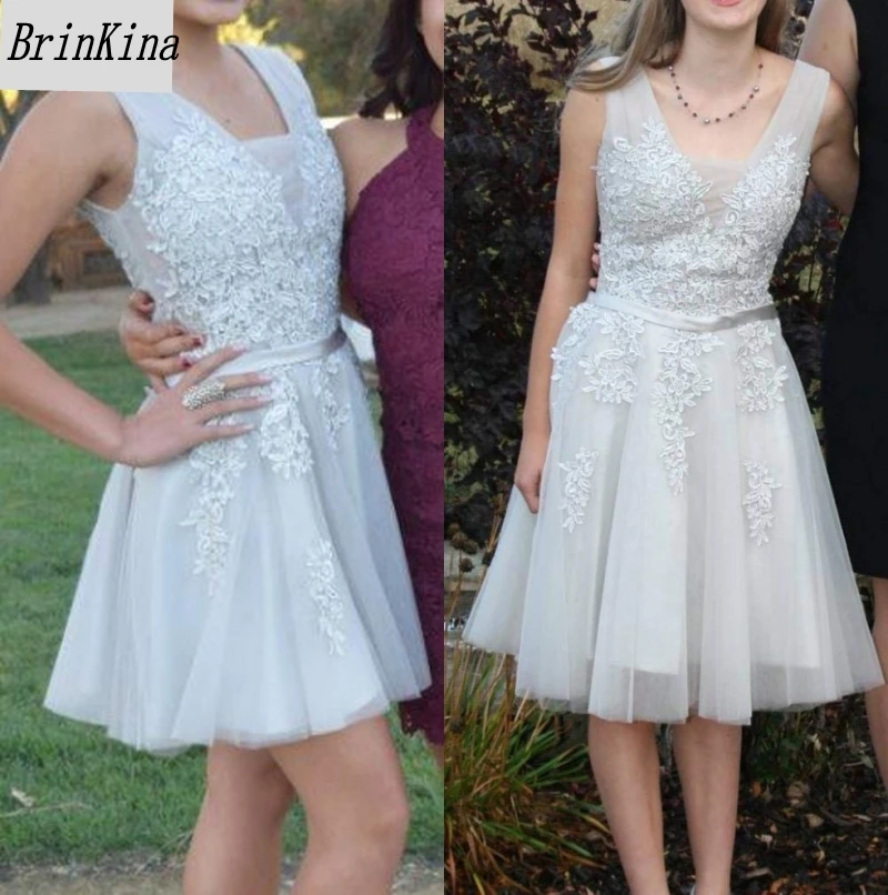 

Brinkina Cute V Neck Sleeveless Silver Lace Homecoming Dress A Line Simple Tulle Girls Party Dresses 2019 Custom Made