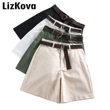 Шорты с высокой талией и широкими штанинами, армейский зеленый хит, летние шорты с поясом, корейский стиль, женская уличная одежда
