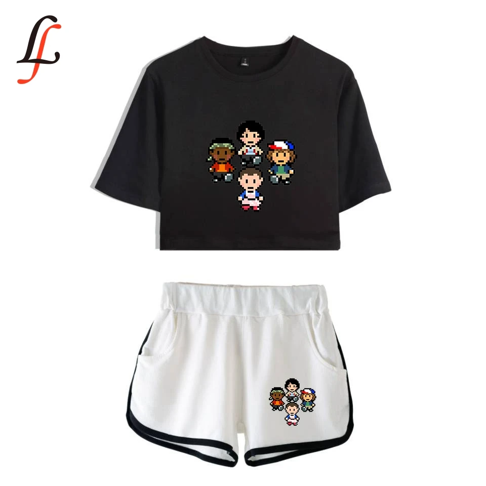 Two Piece Set short Sleeve short Tops And middle Waist Shorts Suits New Female Fitness  combinaison femme 2019 Stranger things