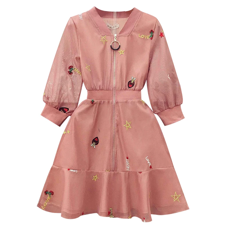 Новинка года; модное летнее платье с цветочной вышивкой Eugen gauze для женщин; платье феи на молнии с v-образным вырезом и высокой талией; розовое платье принцессы