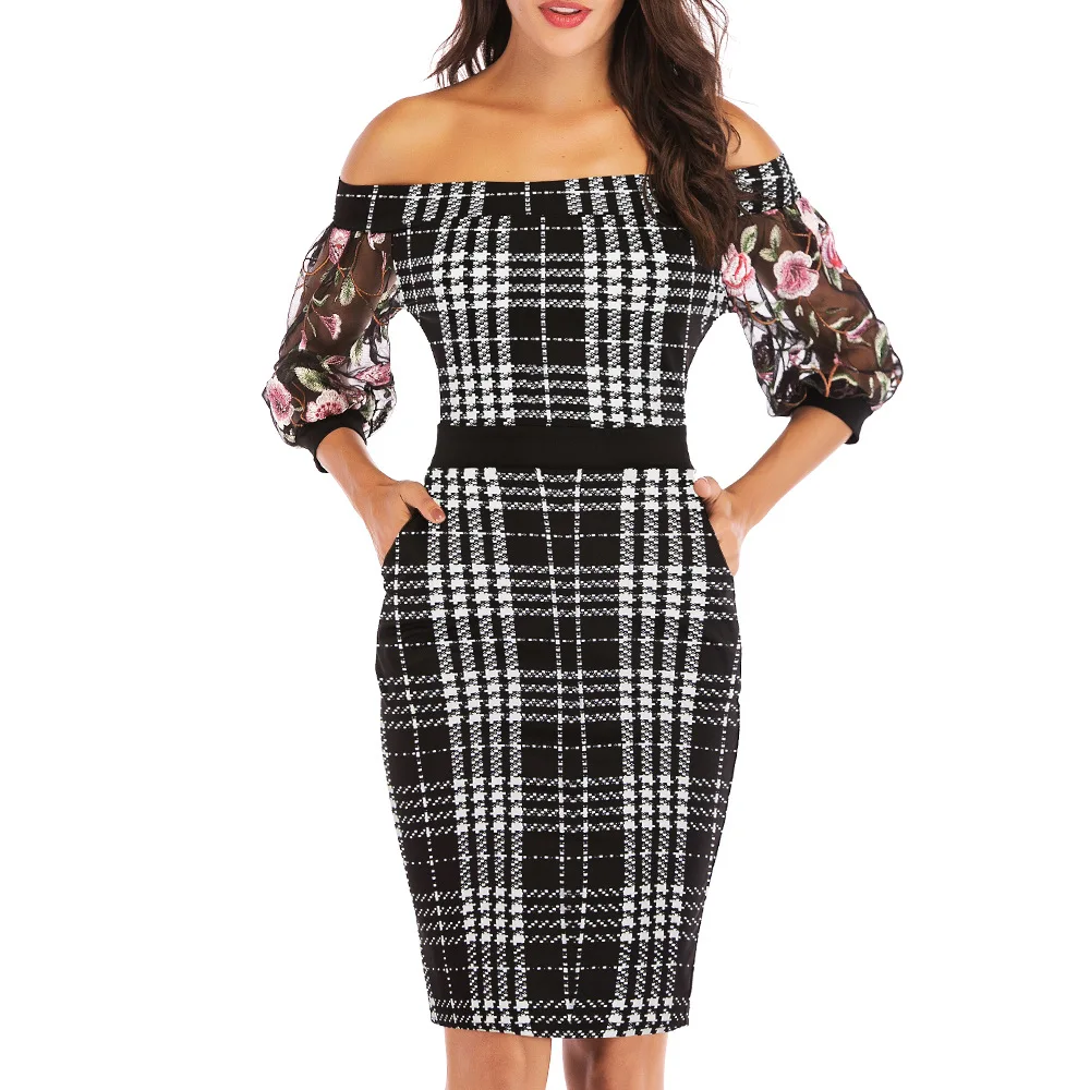 

Women's Slash Neck Off Shoulder Embroidery Sleeve Slim Pencil Dress Ladies Sexy Casual Cocktail Party Sheath Dresses