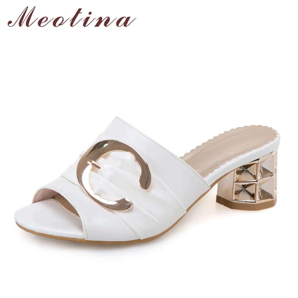 

Meotina Women High Heels Slippers Peep Toe High Heels Summer Shoes White 2018 Gold Heels Ladies Slides Pleated Big Size 33-43 42