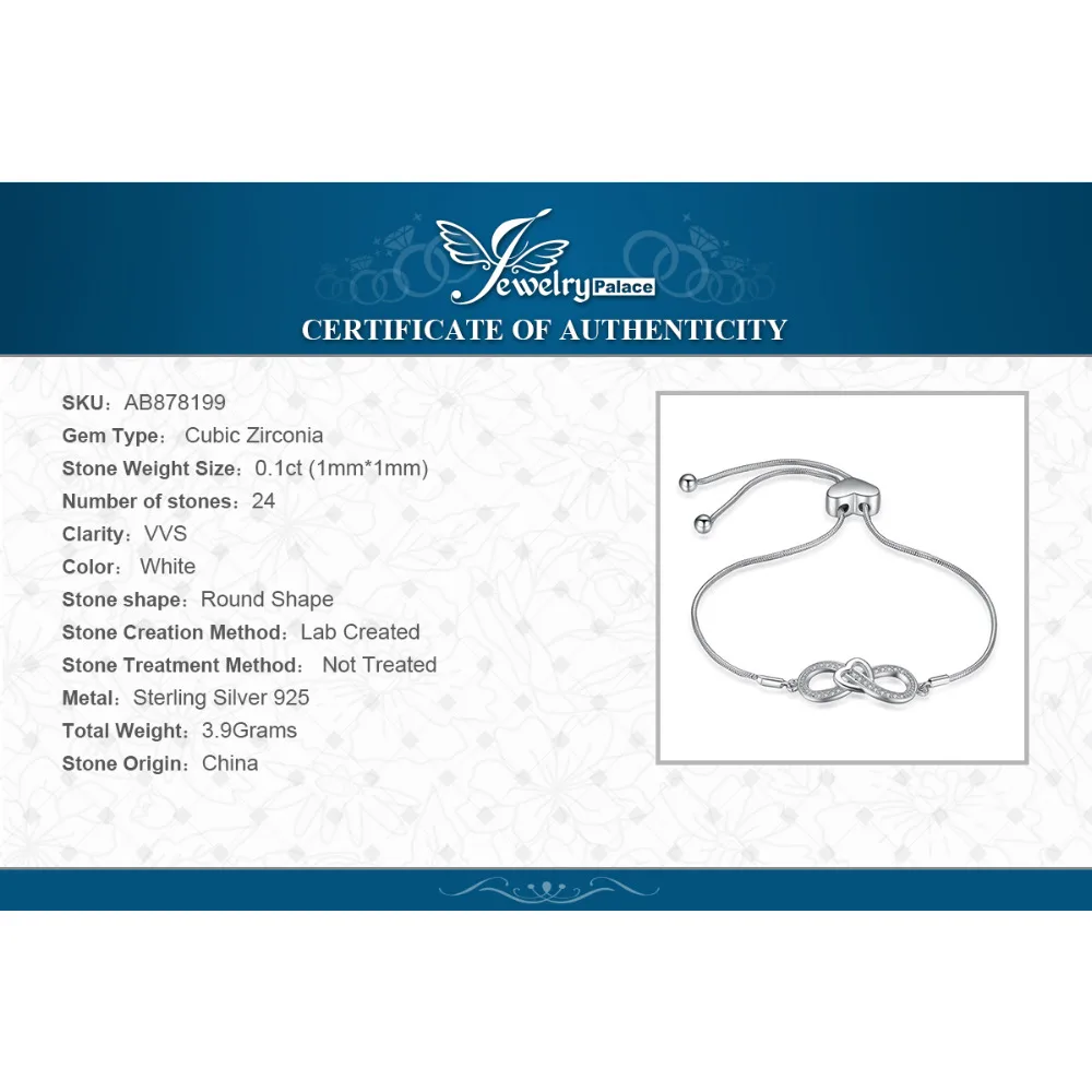 JewelryPalace бесконечность сердце 0.12ct кубический цирконий Регулируемый Blacelets и браслеты для Для женщин стерлингового серебра 925 Свадебные украшения