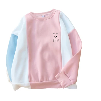 

Autumn Winter New Casual Fleece Hoodies Women Harajuku Kawaii Cartoon Panda Letter Long Sleeve Drop Shoulder Splicing Sweatshirt