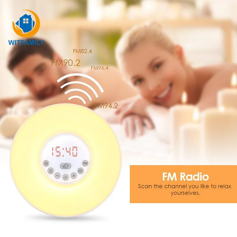 

FM Radio Colorful wake up Light table clock with Snooze Mode Nature Sound Touch Sensing Digital Alarm Clock of bedroom decorate