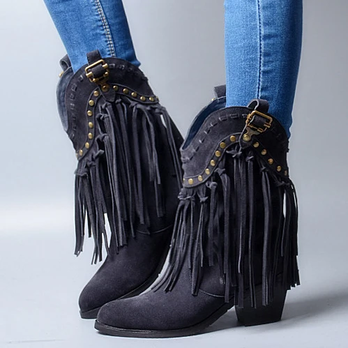 

Fringe Suede Western Botas Woman Bohemina Boots Pointed Toe Heels Add Wool Warm Boots Top Quality Slip-on Women Winter Shoes