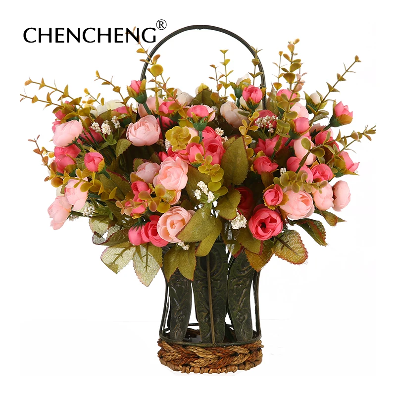 

1Piece Flower Basket Artificial Bouquet Rose Bridal flower Wedding Decoration Flowers Silk Home Party Decoration CHENCHENG