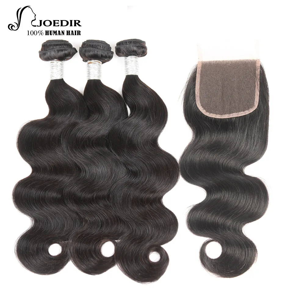 JOEDIR Hair Brazilian Body Wave Lace Closure Free Part 4 PCS Human Hair Bundles With Closure Swiss Lace non Remy Hair Extension